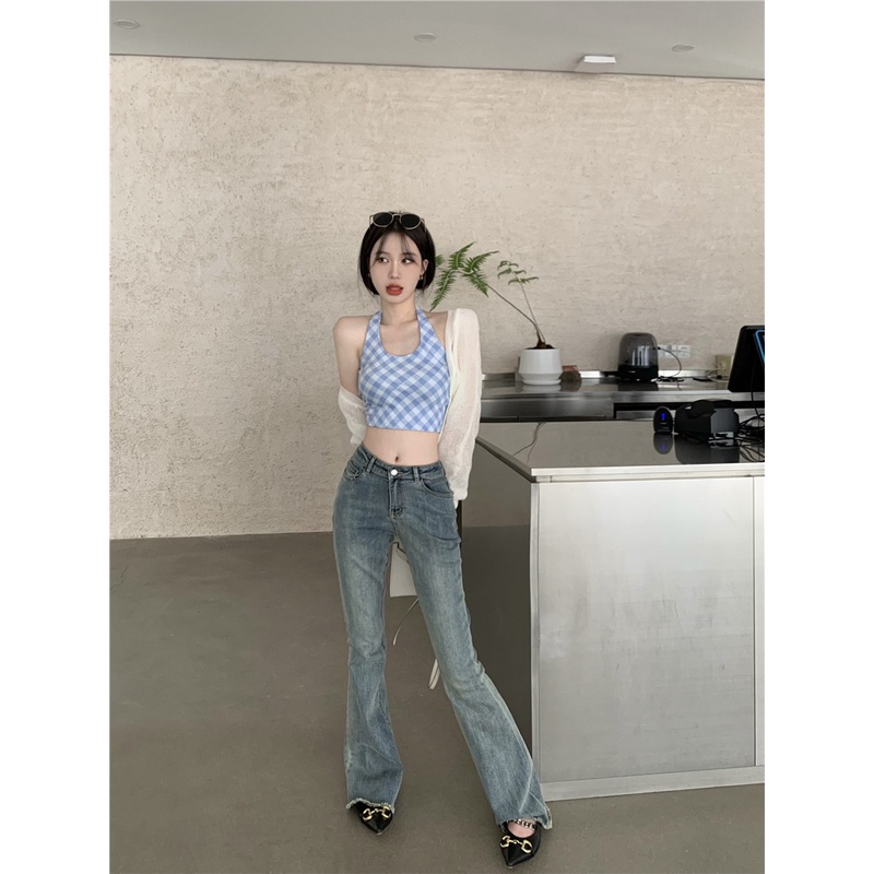 Áo hai dây Cổ Yếm Kẻ Sọc Caro Nhiều Màu Sắc Ngọt Ngào Kiểu Mỹ Cổ Điển