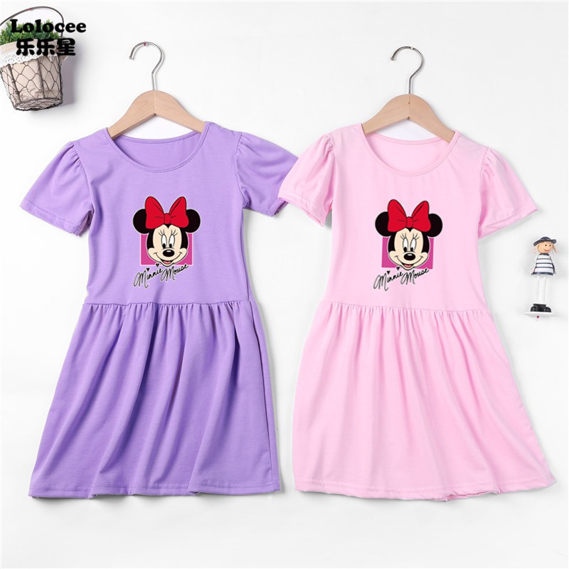 Cô gái tay ngắn Minnie Mouse Dress Kids Cotton Soft School Fashion Dresses