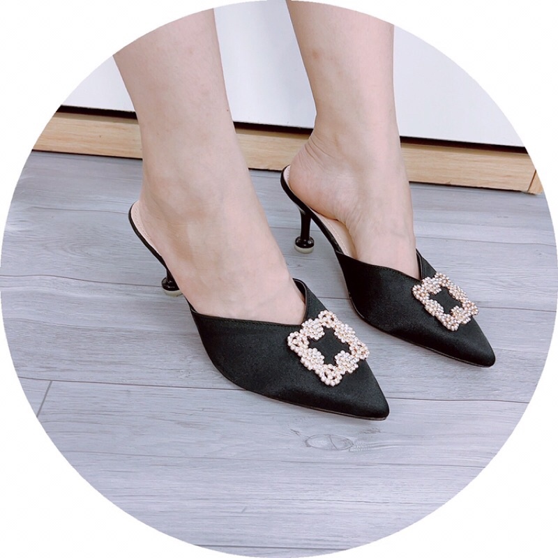 Dép sục cao gót nhọn 5cm mũi nhọn lục bóng tag vuông đá