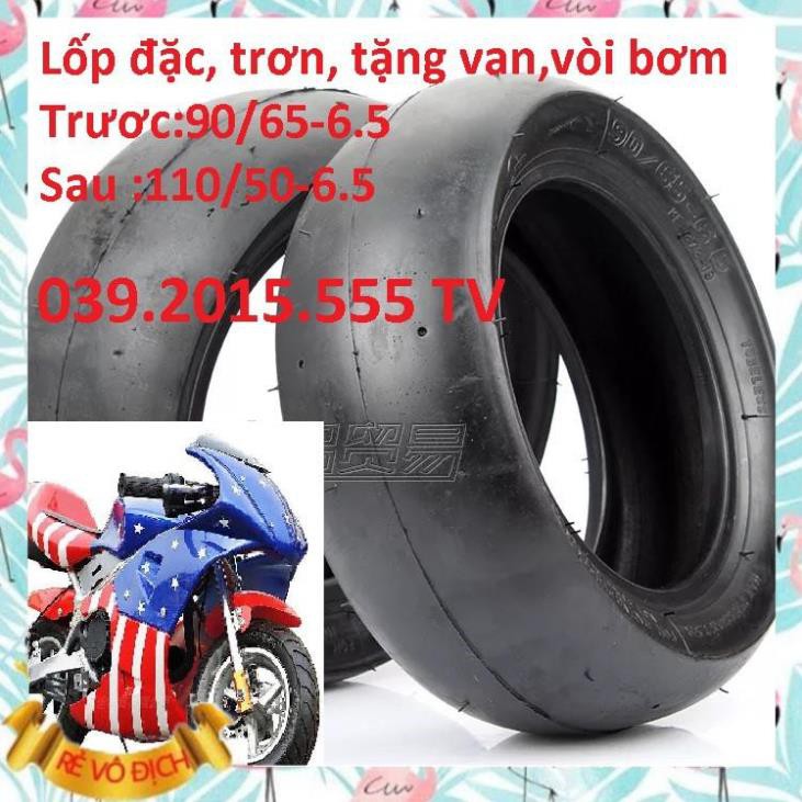 Lốp đặc không ruột vỏ trơn xe moto mini 50cc  vỏ trước 90/65-6.5 vỏ sau 110/50-6.5 loại xịn tặng chân van SH