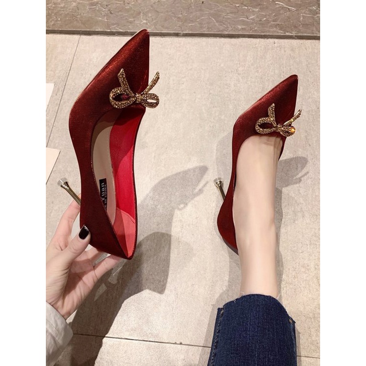 Red Silk and Satin High Heels Women's Stiletto Heel2021Fall New Wedding Shoes Rhinestone Bow Pointed Bride Pumps