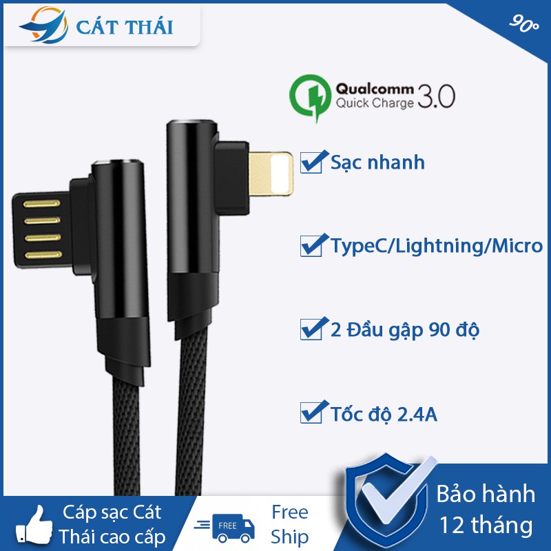 Cáp sạc 2 đầu gập hình chữ L 90 độ sạc nhanh + truyền dữ liệu chịu lực tốt bền bỉ chống thắt nút