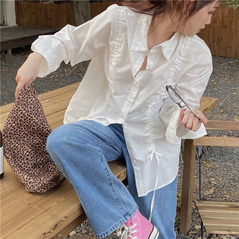 Áo Kiểu Tay Dài Dáng Rộng Phối Dây Rút Phong Cách Thời Trang Hàn Quốc Cho Nữ