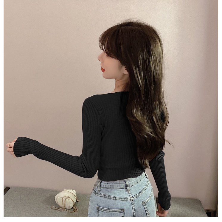 Áo dệt kim tay dài cổ chữ V thời trang xinh xắn nhiều màu tùy chọn cho nữ