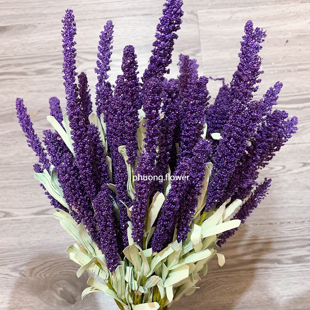 Cành hoa oải hương lavender giả nhân tạo dài 54cm loại 12 hoa dài lớn cành dài mềm nhiều lá tuyệt đẹp