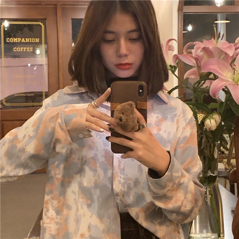Áo sơ mi BH tay dài dáng rộng nhuộm màu kiểu retro thời trang mùa thu 2022 cho nữ