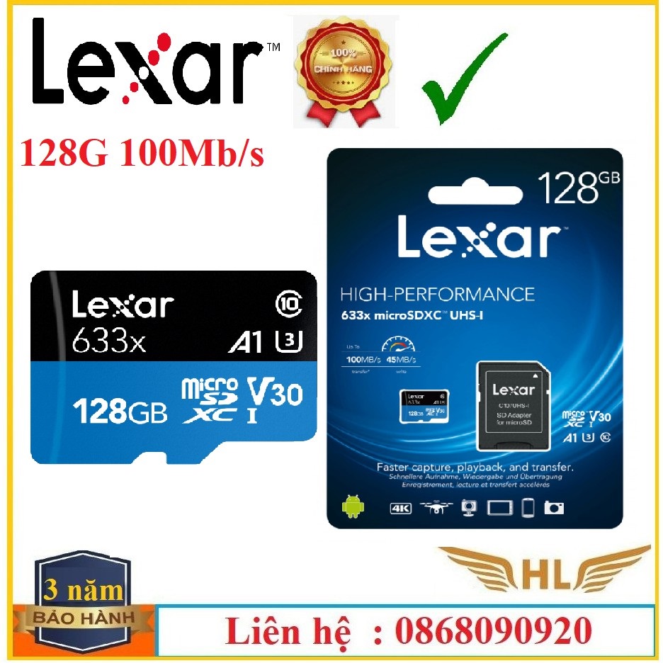 Thẻ Nhớ 64Gb Lexar,Lexar 32Gb , Lexar 128b ,Lexar 256Gb Class 10 tốc độ 100Mb/s Thẻ Nhớ Camera- Hàng Chính Hãng