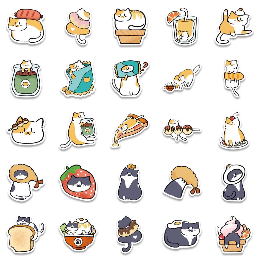 Set 50 chiếc sticker chống thấm nước MÈO XANH XÁM DỄ THƯƠNG cute dán mũ bảo hiểm, laptop, vali, đàn guitar