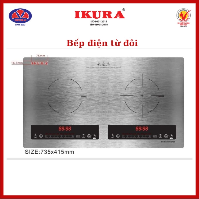 Bếp Điện Từ Đôi IKURA - EVI-0723 - Chức năng nấu nhanh - Khoá trẻ em - 8 công suất nấu