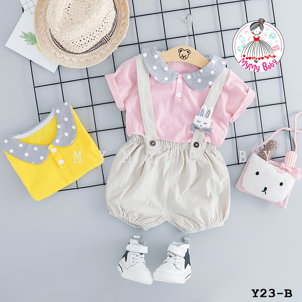 Set yếm áo hồng cổ chấm bi + nơ thỏ