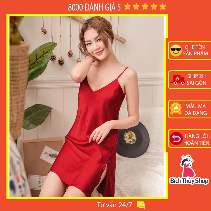 Váy ngủ lụa satin hai dây vạt xẻ tà gợi cảm