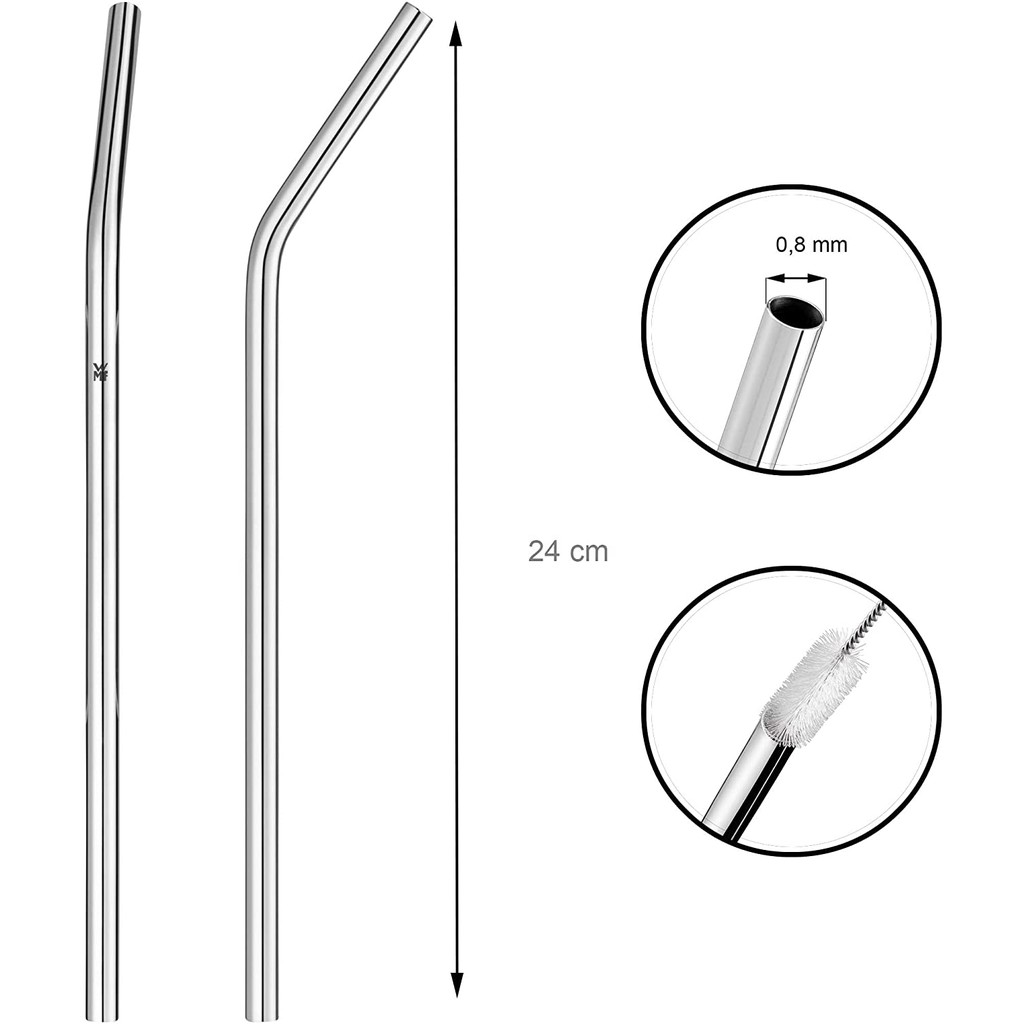 Set 6 ống hút inox WMF không gỉ đầu cong kèm 1 chổi cọ rửa tái sử dụng nhiều lần [nhập Đức chính hãng]