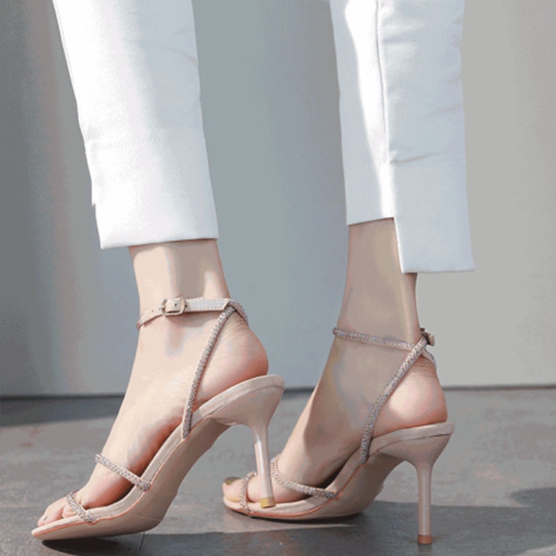 Giày Sandal Cao Gót Nữ Hở Ngón Đính Đá Thời Trang