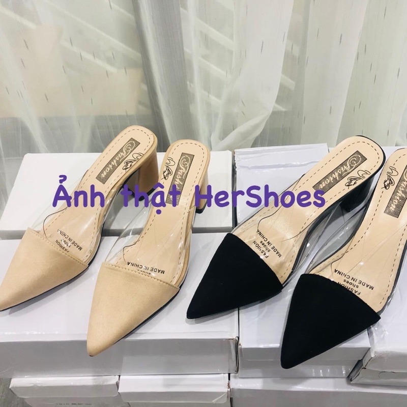 Giày sục cao gót quai trong mũi nhọn đế vuông 7 phân đủ size 34-42 - Guốc nữ quai trong suốt thời trang
