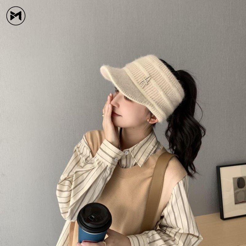 Mũ Len Dệt Kim Phối Lông Thỏ Phong Cách Thời Trang Thu Đông Nhật Hàn