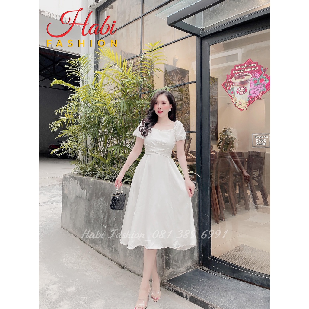 Đầm xòe dự tiệc thắt nơ eo hàng thiết kế, váy trắng công chúa tiểu thư nhẹ nhàng, chanh xả