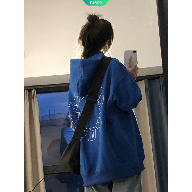 Áo Hoodie Dáng Rộng Đơn Giản Phong Cách Đường Phố Mỹ Mới Mùa Thu Kích Thước Lớn Màu Xanh Dương Cho Nữ