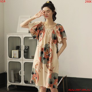 Váy cotton hoa nâu chun ngực - Micha V14