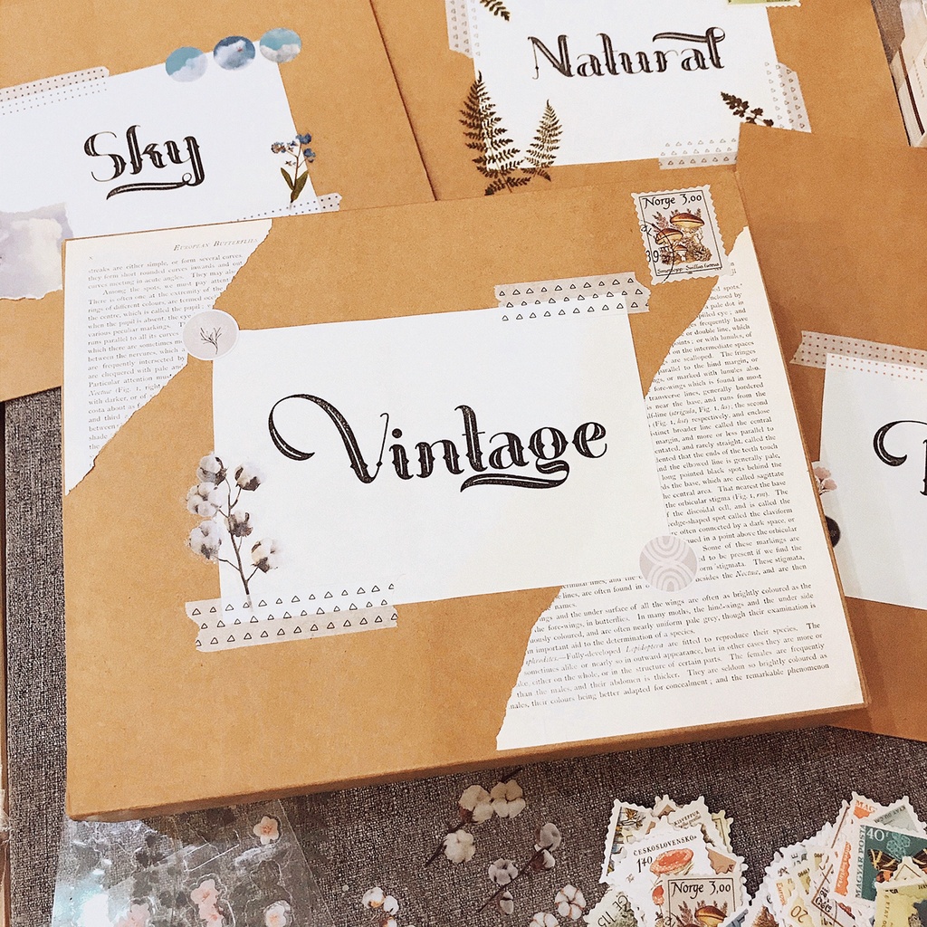 Set trang trí sổ Bullet Journal Vintage gồm binder sổ còng Klong, washi tape, sticker, hộp kraft quà tặng