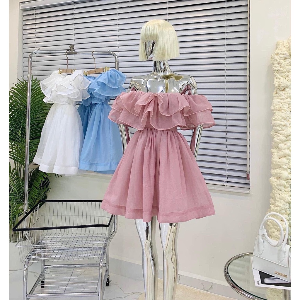 Đầm Dáng Xòe Trễ Vai Bèo Tầng Tôn Dáng - Vải Xô Xốp + Lót Toàn Thân - 3 Màu Hồng, Trắng, Xanh - Du Lịch, Dạo Phố
