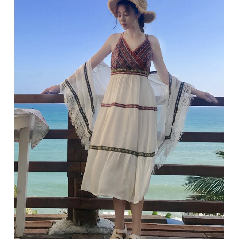 Váy 2 Dây Họa Tiết Thổ Cẩm Dáng Xòe/ Đầm Trắng Dễ Thương Thời Trang Đi Biển Hè V00080  ྇