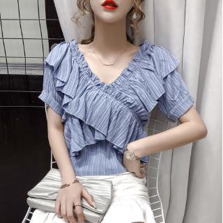 Áo voan trễ vai cổ chữ v phối bèo thời trang ngọt ngào