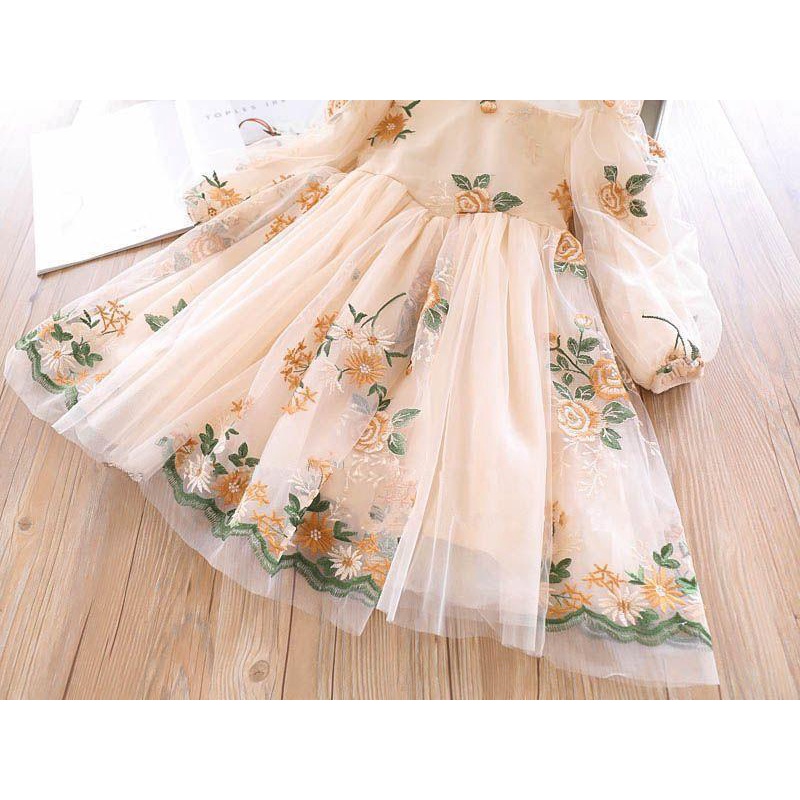 Đầm công chúa tay dài thêu hoa Nnjxd cho bé gái