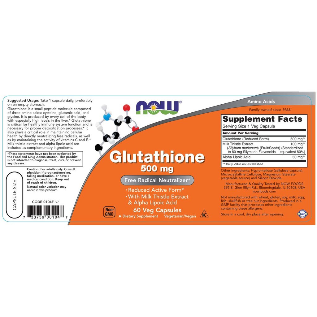 Viên Uống Trắng Da, Làm Đẹp Da NOW Glutathione 500mg 60 Viên