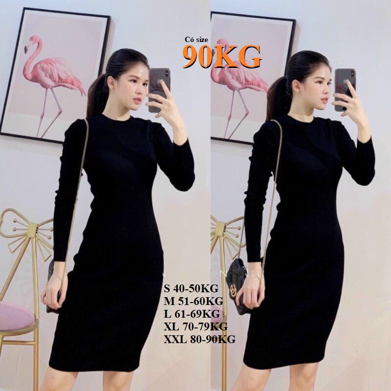 Váy đầm Body Len Tăm Cổ Tròn Chất Dày đẹp, Có siêu Bigsize 90KG, Tạo Dáng Khoe đường Cong ảo, Dáng Đồng hồ cát hấp dẫn