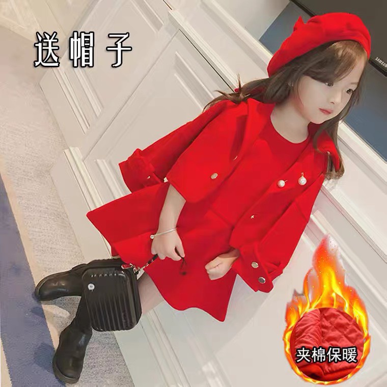 Xả hàng_Set Váy vest dạ bé gái 3 chi tiết Váy gile dạ đỏ, áo khoác dạ và mũ nồi XHN821
