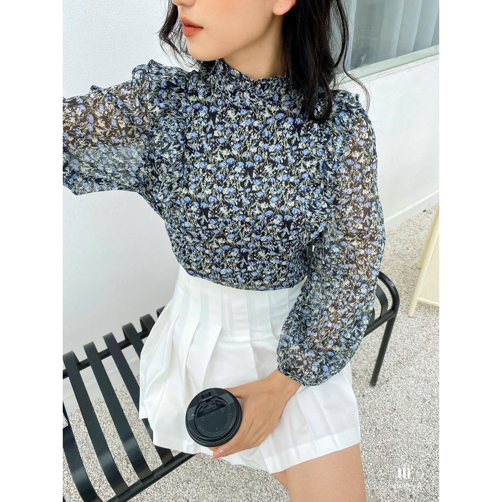 Áo kiểu nữ Méo shop hoa nhí tay bồng kiểu hàn vải chiffon Romane