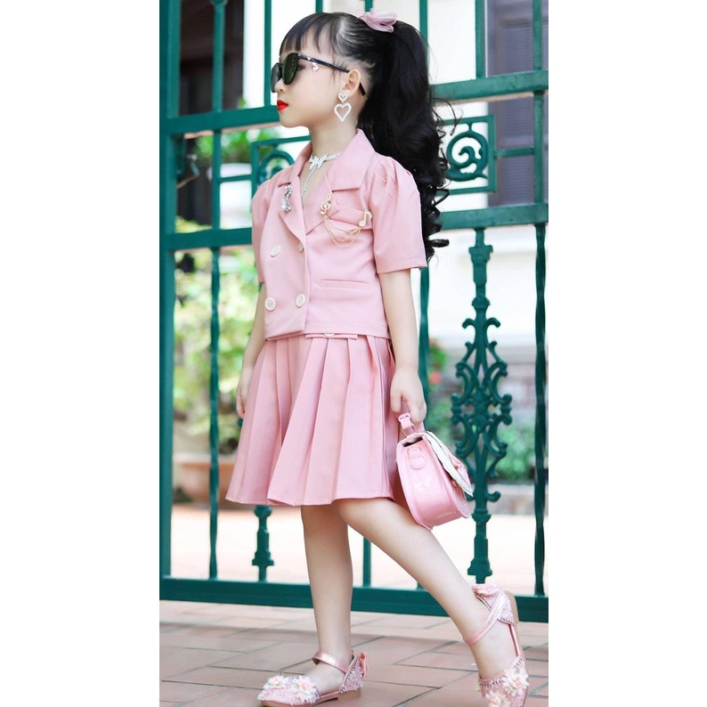 Set váy Vest bé gái hồng Áo và Chân váy xếp ly liền quần