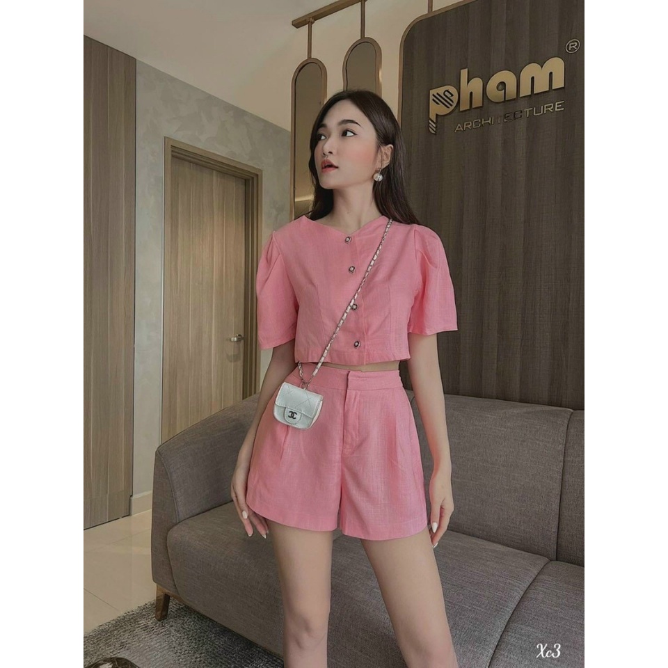 [Set sale sốc 50%] Set áo và quần đi chơi với quần đùi lưng cao kèm áo croptop có khuy gài, chất vải đũi