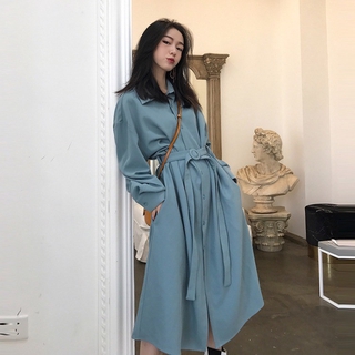 Đầm Sơ Mi Dáng Dài Qua Gối Chiết Eo Kiểu Retro Thanh Lịch