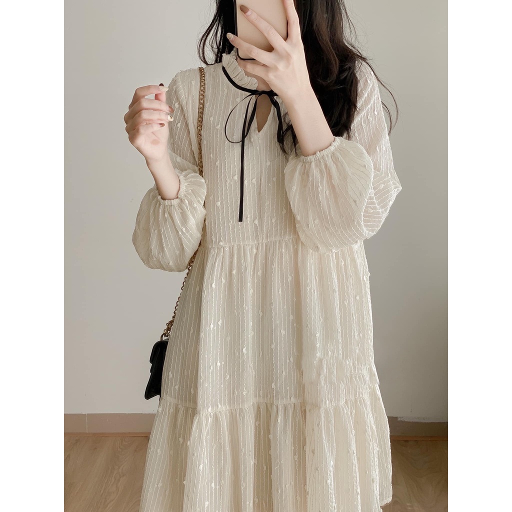 Đầm - Váy babydoll voan tơ chấm bi nổi kim tuyến thắt nơ đen