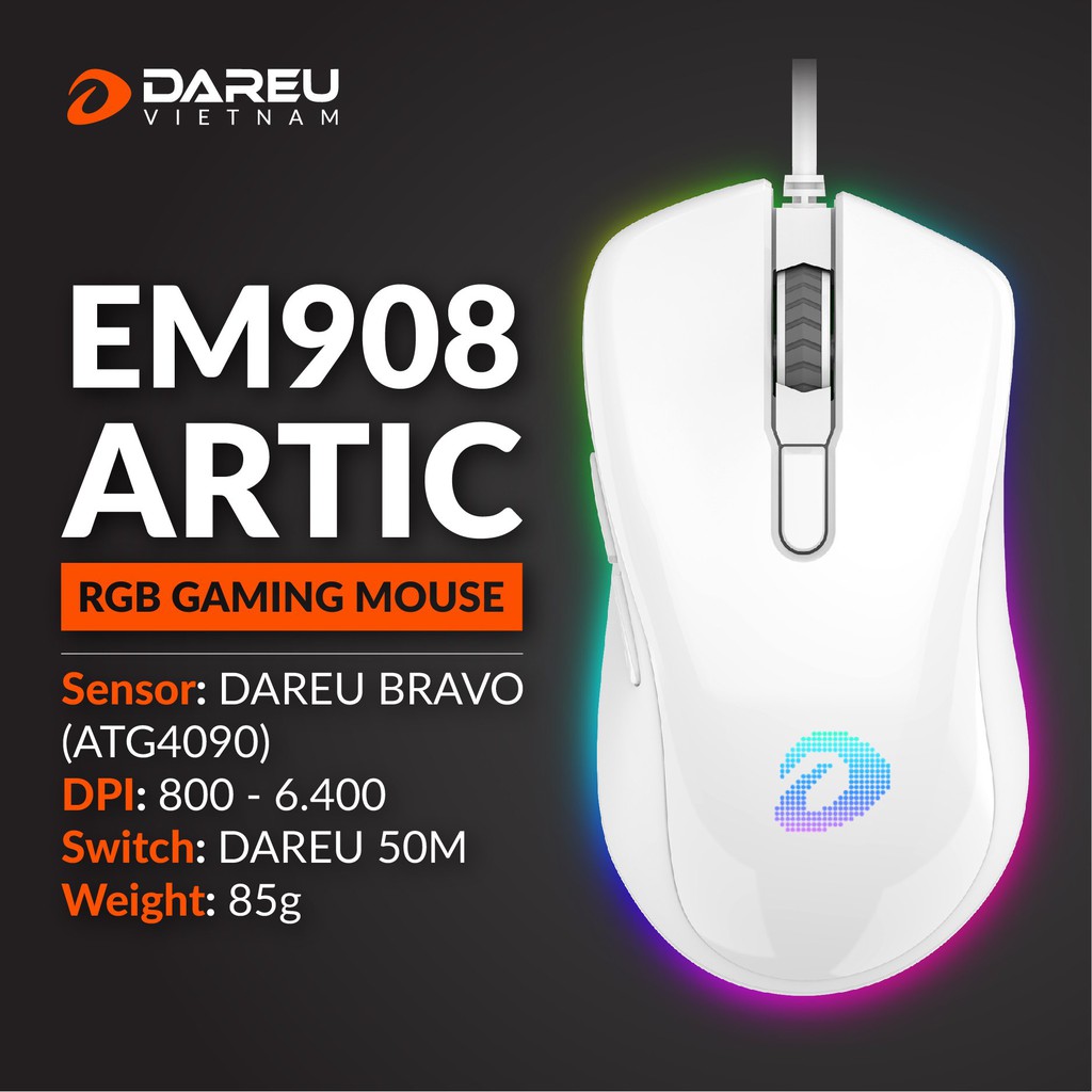 Chuột Gaming DareU EM908 WHITE (ARTIC/ Led RGB/ Bravo Sensor) - Bảo hành 2 năm