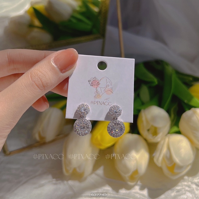 Bông tai, khuyên tai xi bạch kim đá tròn tòn ten đơn giản kiểu Hàn .PTNACC.