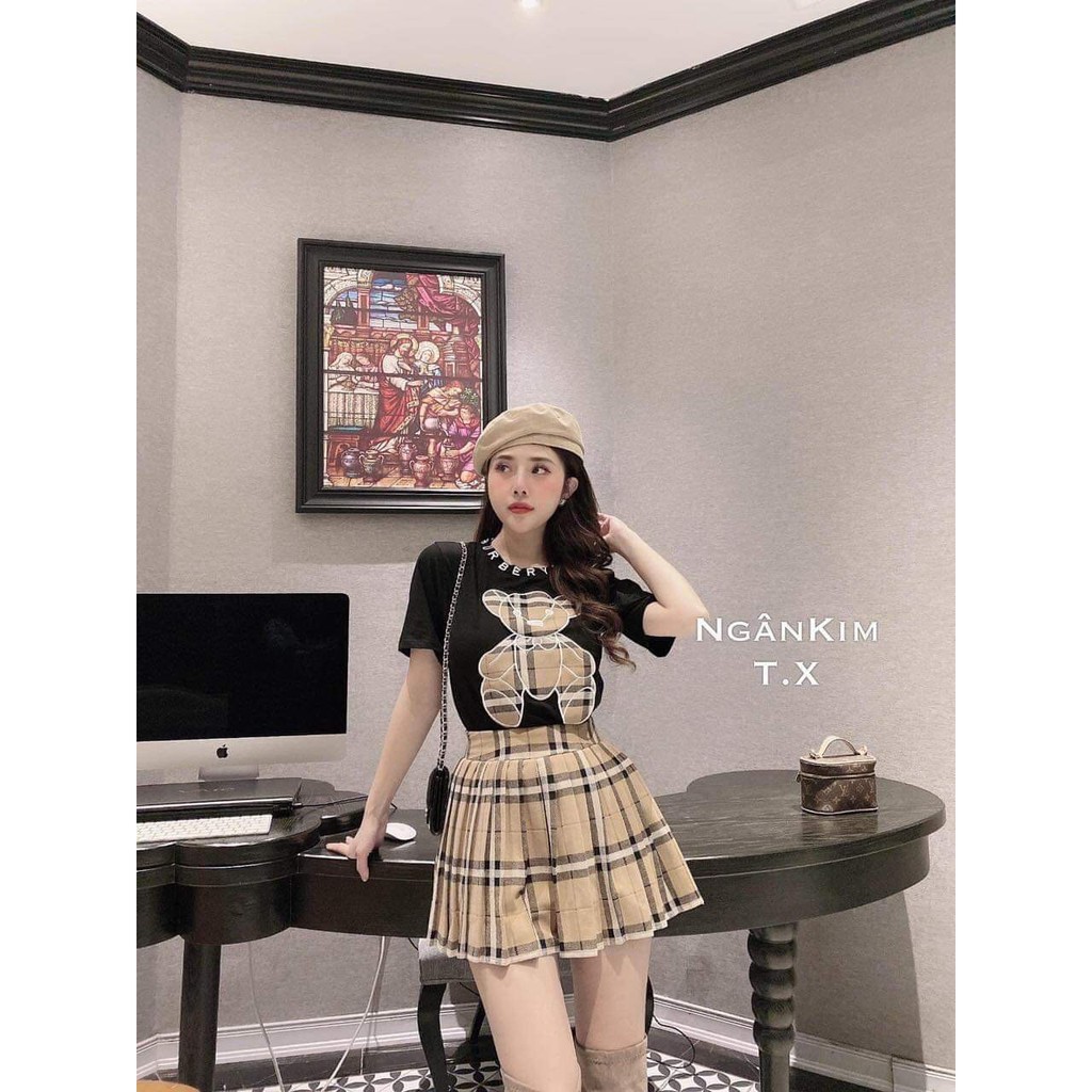 Set áo thun chân váy caro nữ Burberrry- Áo thun nữ 2 màu chân váy ngắn xoè