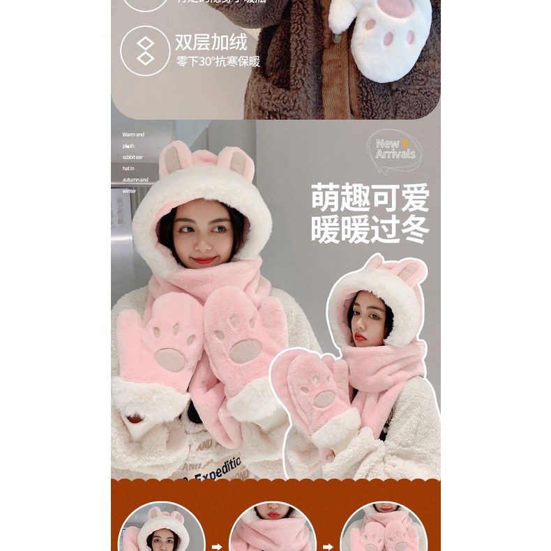 Khăn Choàng Cổ Kiêm Mũ Tai Thỏ Dễ Thương Phong Cách Hàn Quốc Thời Trang Mùa Đông Cho Nữ