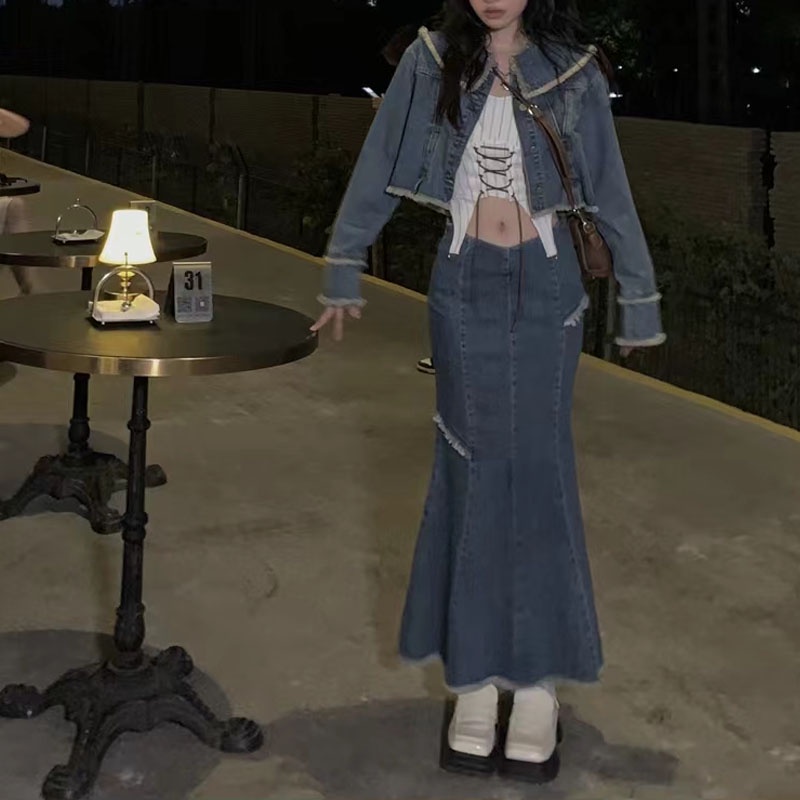 IMAODOU Bộ Áo Khoác + Chân Váy Xẻ Tà Xinh Xắn Theo Phong Cách Mùa Thu Retro Dành Cho Nữ