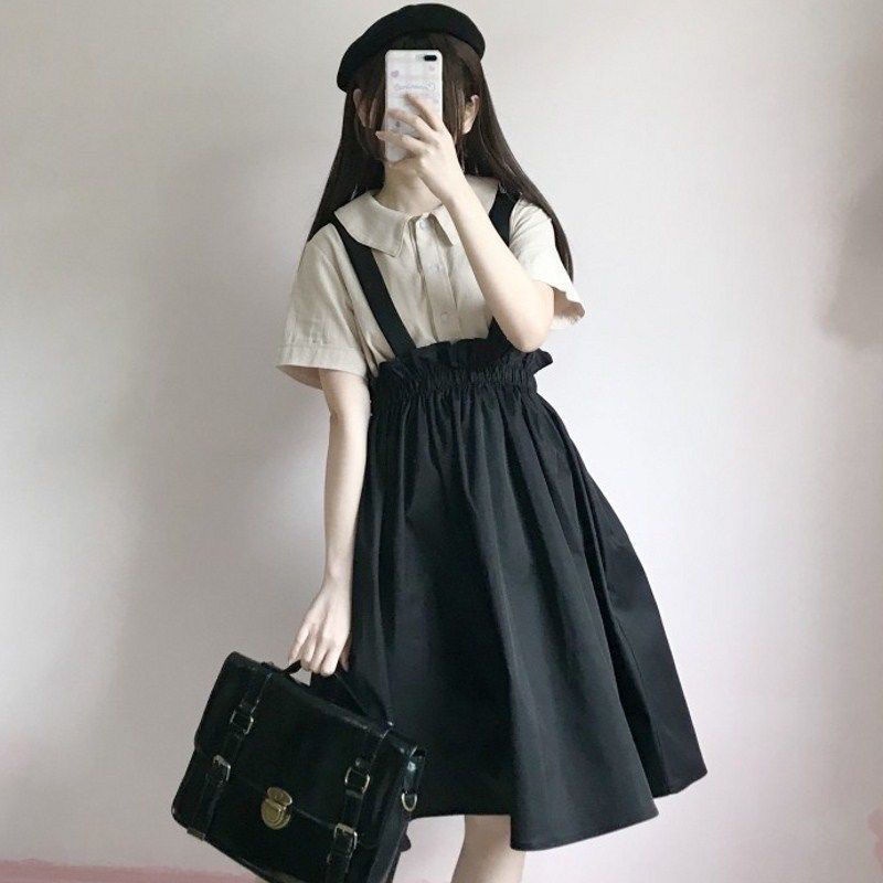 Set áo sơ mi tay ngắn + chân váy yếm lưng cao kiểu Nhật phong cách mùa hè năng động dành cho nữ