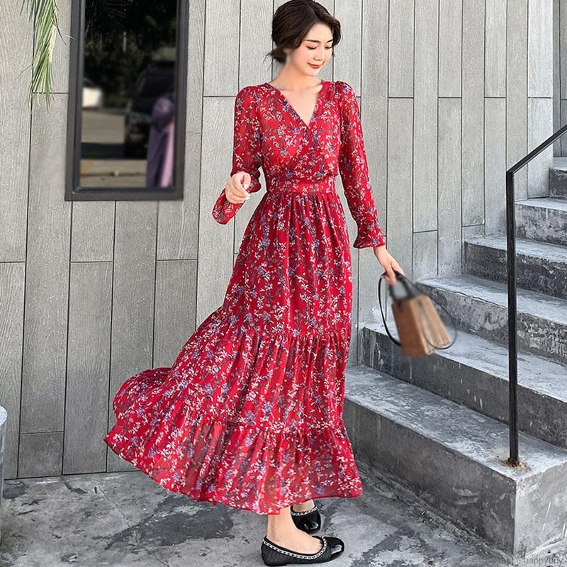 Đầm Maxi Tay Dài Cổ Chữ V Nhấn Eo Cao Họa Tiết Hoa Nữ Tính | BigBuy360 - bigbuy360.vn