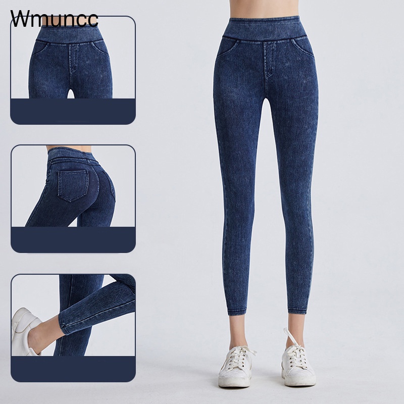 Wmuncc Quần Jean Tập Yoga Lưng Cao Phối Túi Đôi Thời Trang Trẻ Trung Cho Nữ