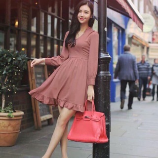 BB208 Đầm tiểu thư cổ V qua gối siêu xinh
