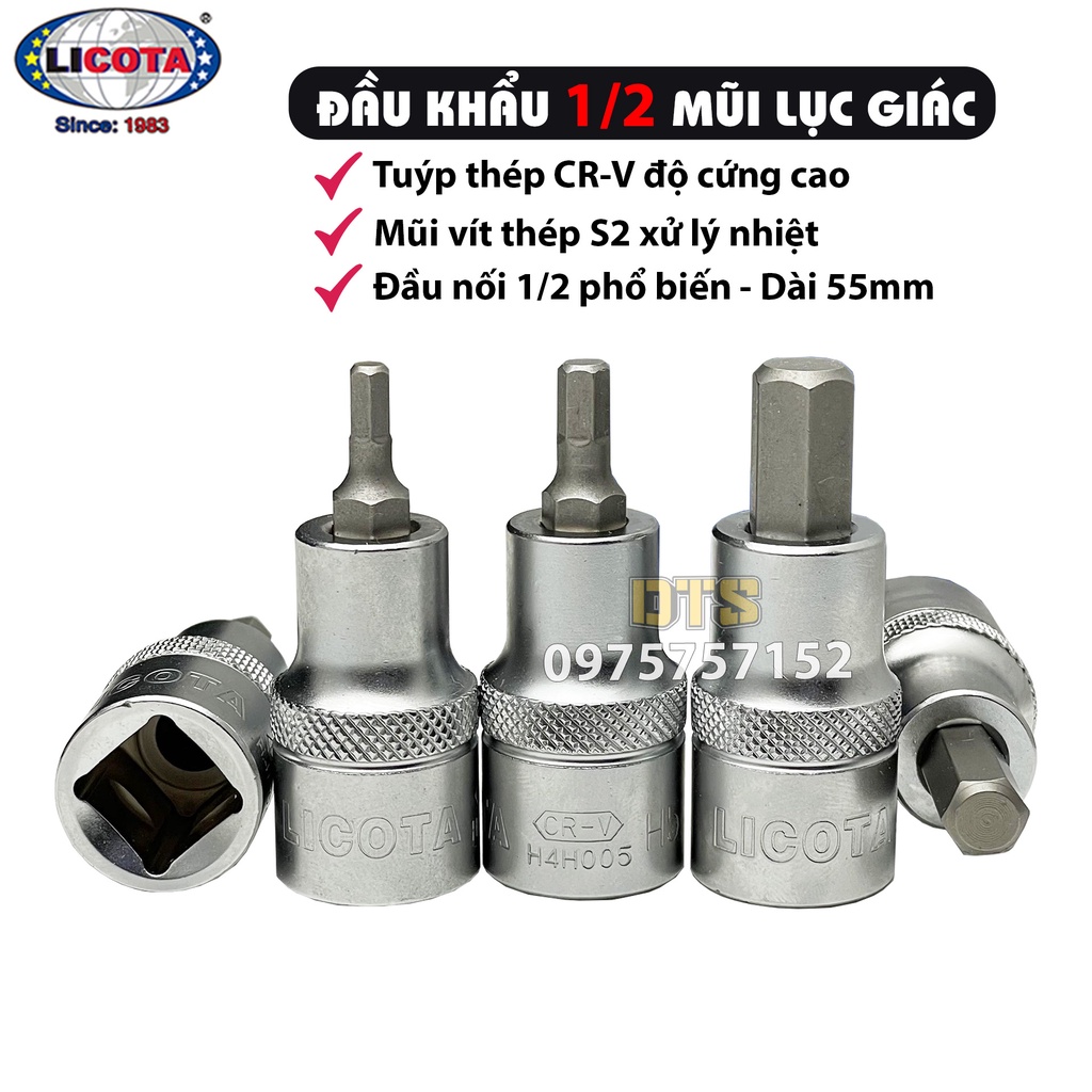 Bộ 5 đầu khẩu 1/2 ra đầu lục giác Licota, đầu tuýp lục giác thép S2 siêu cứng 4-10mm, đầu khẩu lục giác 1/2 inch cao cấp