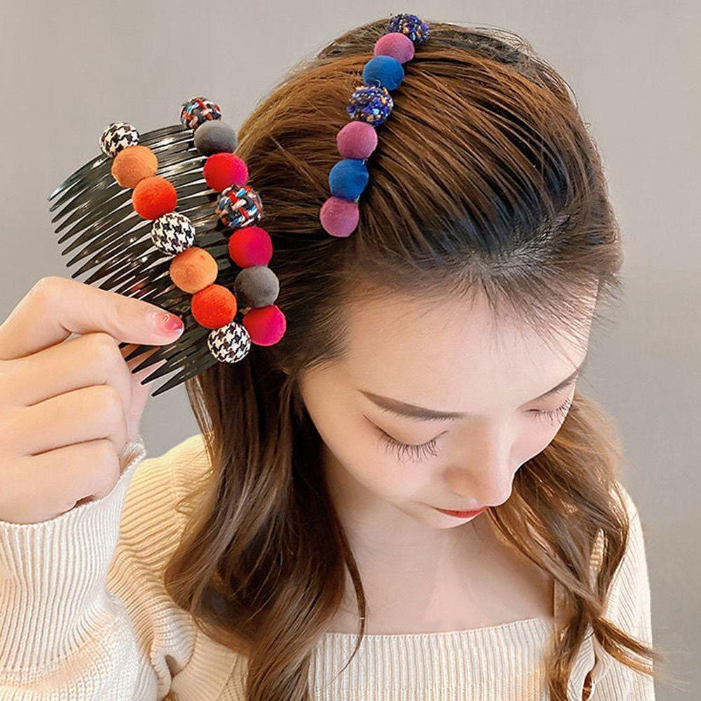 Lược Cài Tóc VANES1 Đính Bóng Lông Họa Tiết Sọc Caro Thời Trang Cho Nữ