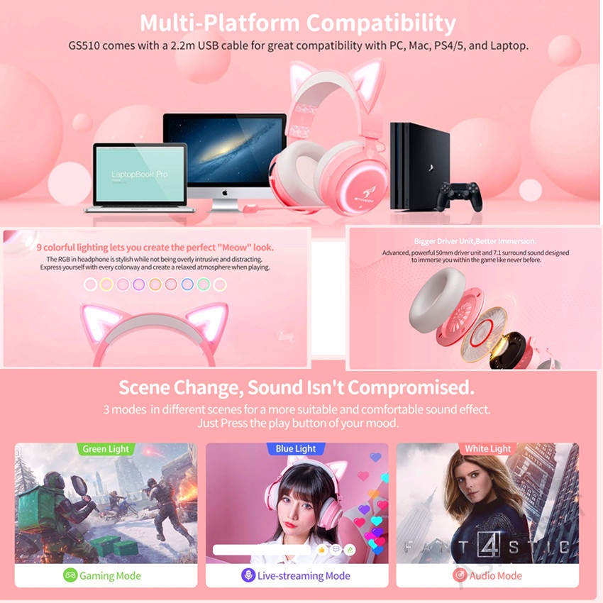 Tai Nghe Chụp Tai SOMIC GS510 USB 7.1 Có Đèn RGB Kèm 4 Vỏ Bảo Vệ Mic Dành Cho Máy Tính Laptop