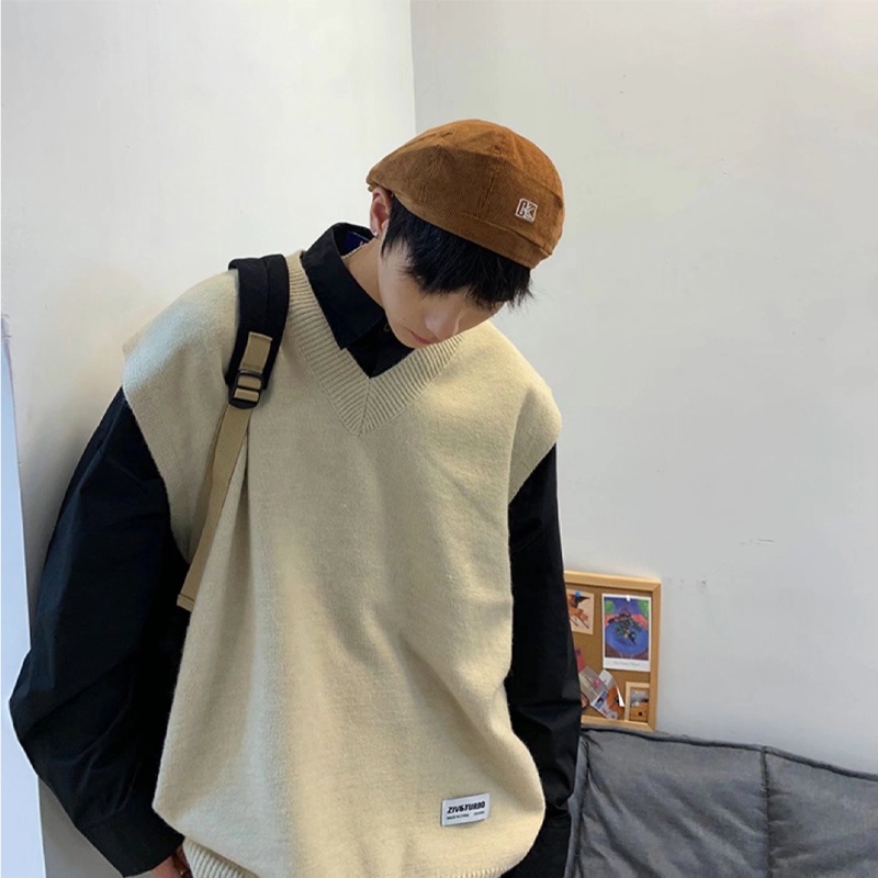 Áo Sweater Sát Nách Dáng Rộng Cổ Chữ V Màu Trơn Thời Trang Mùa Thu Hàn Quốc Cho Nam