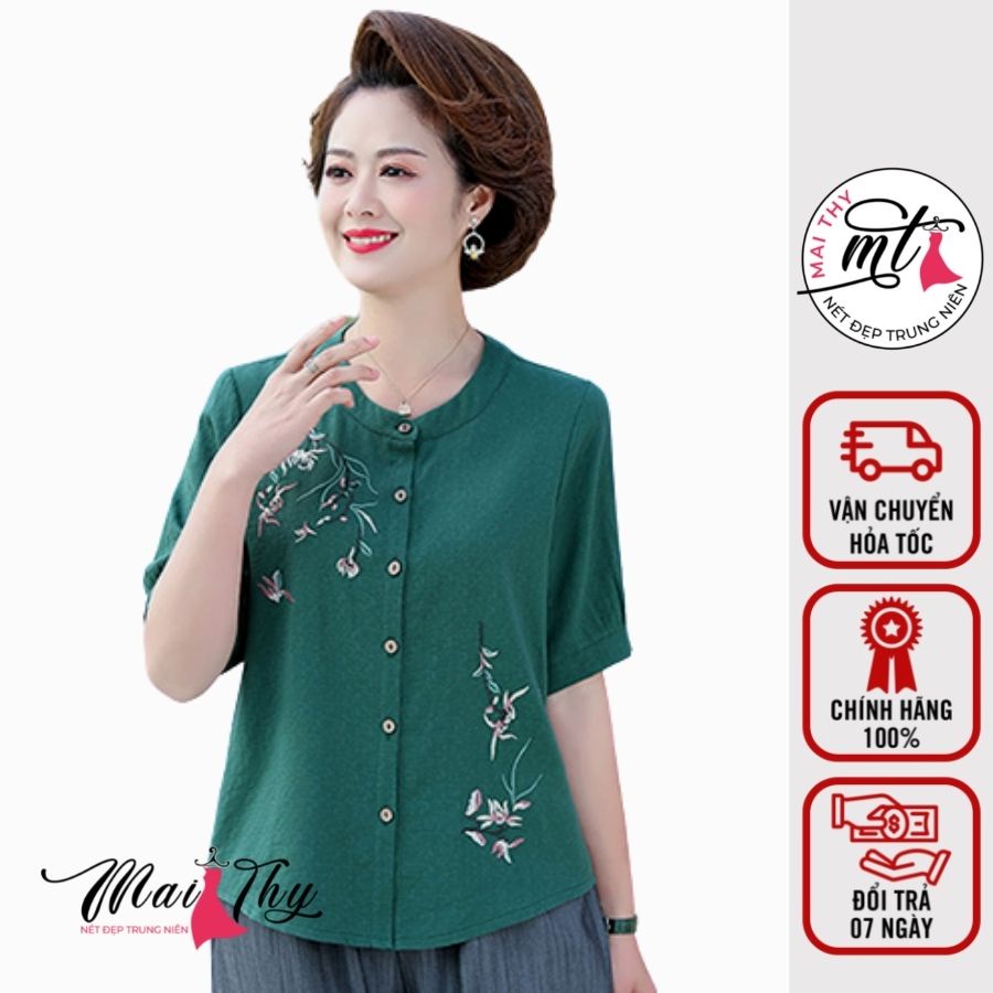 Áo Trung Niên MT711, Mẫu Áo Kiểu Trung Niên Tay Ngắn Cổ Tròn Thêu Hoa Form Rộng Bigsize, Thời Trang Nữ Mai Thy