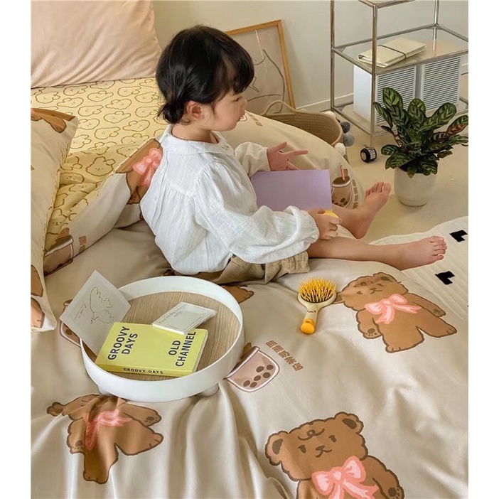 Sét Chăn Ga Gối Cotton Organic mẫu Gấu Bear nơ